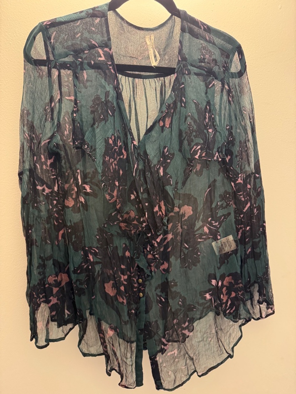 Anthropologie Teal Sheer Floral Blouse with Pink Accents